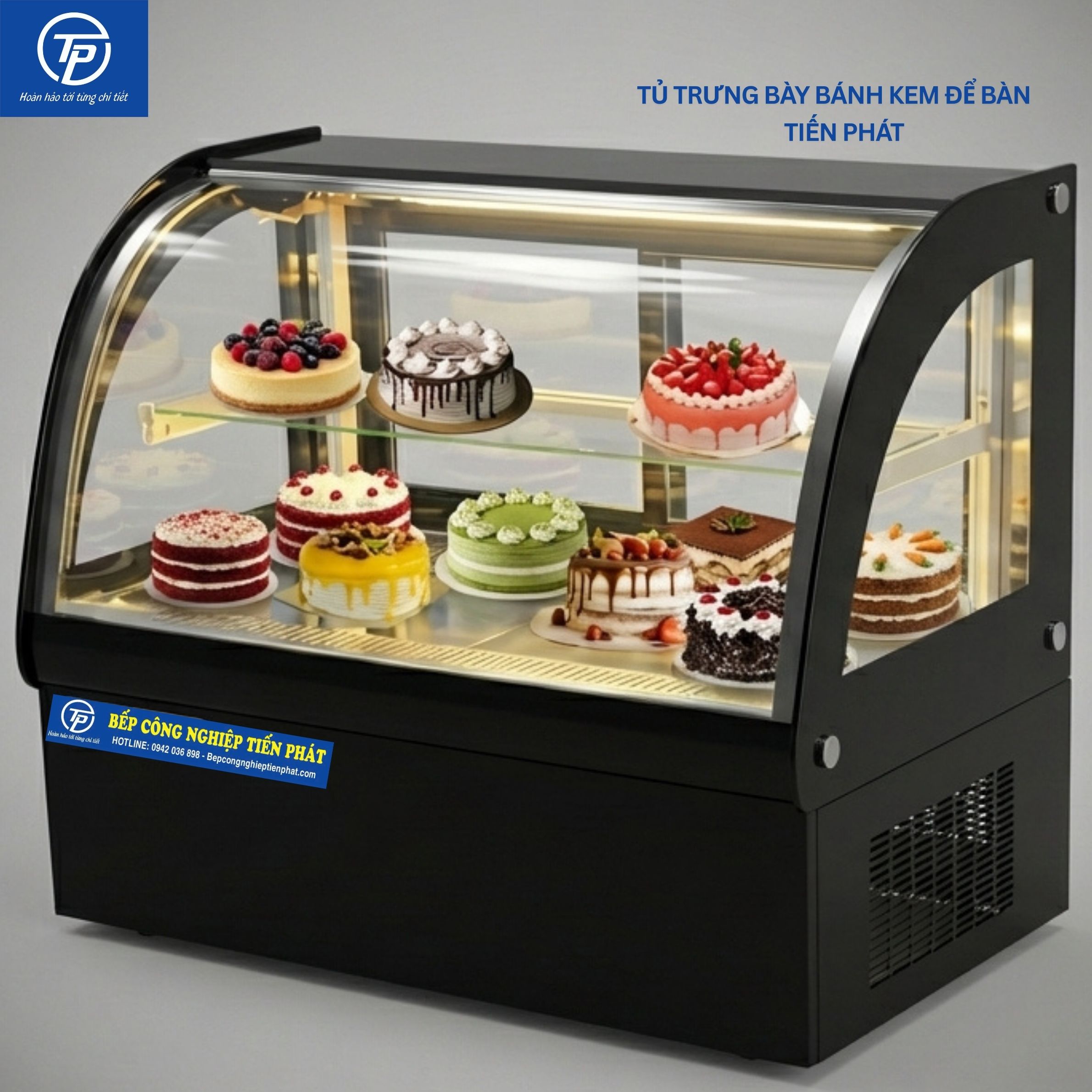 Tủ Trưng Bày Bánh Kem Để Bàn Kính Cong 90cm